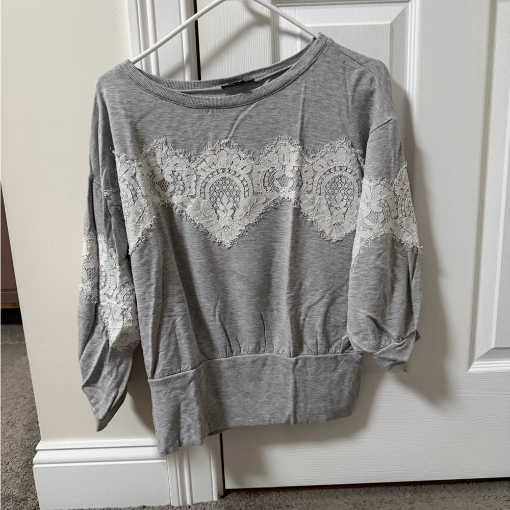 Express Gray Sweatshirt with White Lace Inset